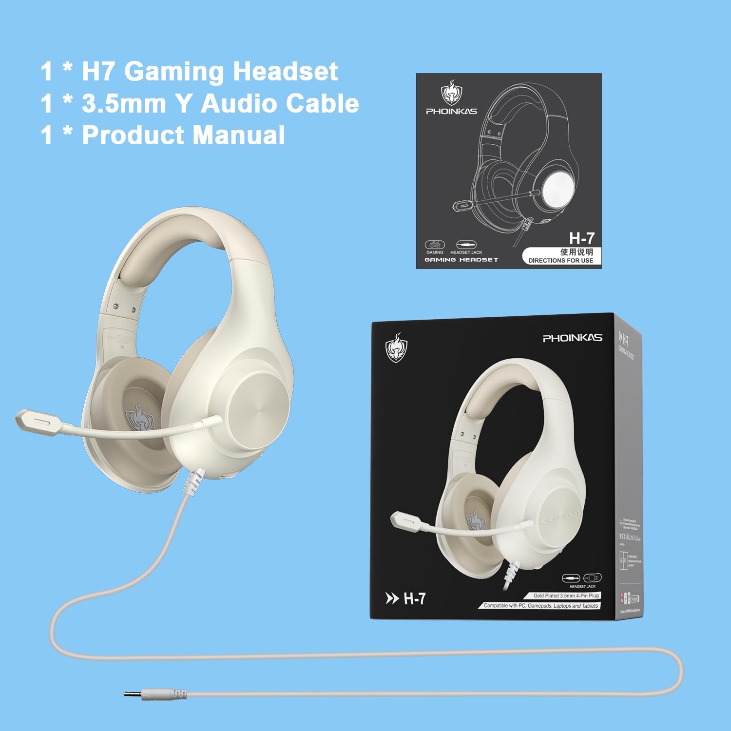 YOTMS Wired Gaming Headset for PS5, PC, Xbox Series X/S, Switch - 7.1 Surround Sound, Noise Cancelling Mic, Memory Foam Earmuffs (White) - Perfect for Competitive Gaming, Streaming & Online Chat