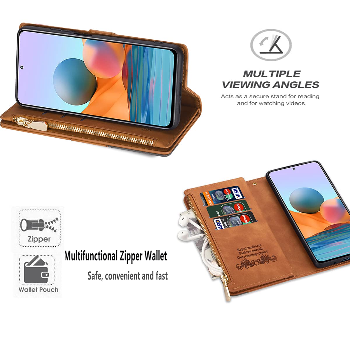 Premium PU Leather Wallet Case for iPhone SE 2022/SE 2020/SE3/SE2/7/8 - Magnetic Zipper Flip Cover with Card Slots, Kickstand & Hand Strap (Brown) | Perfect for Travel, Shopping & Daily Use