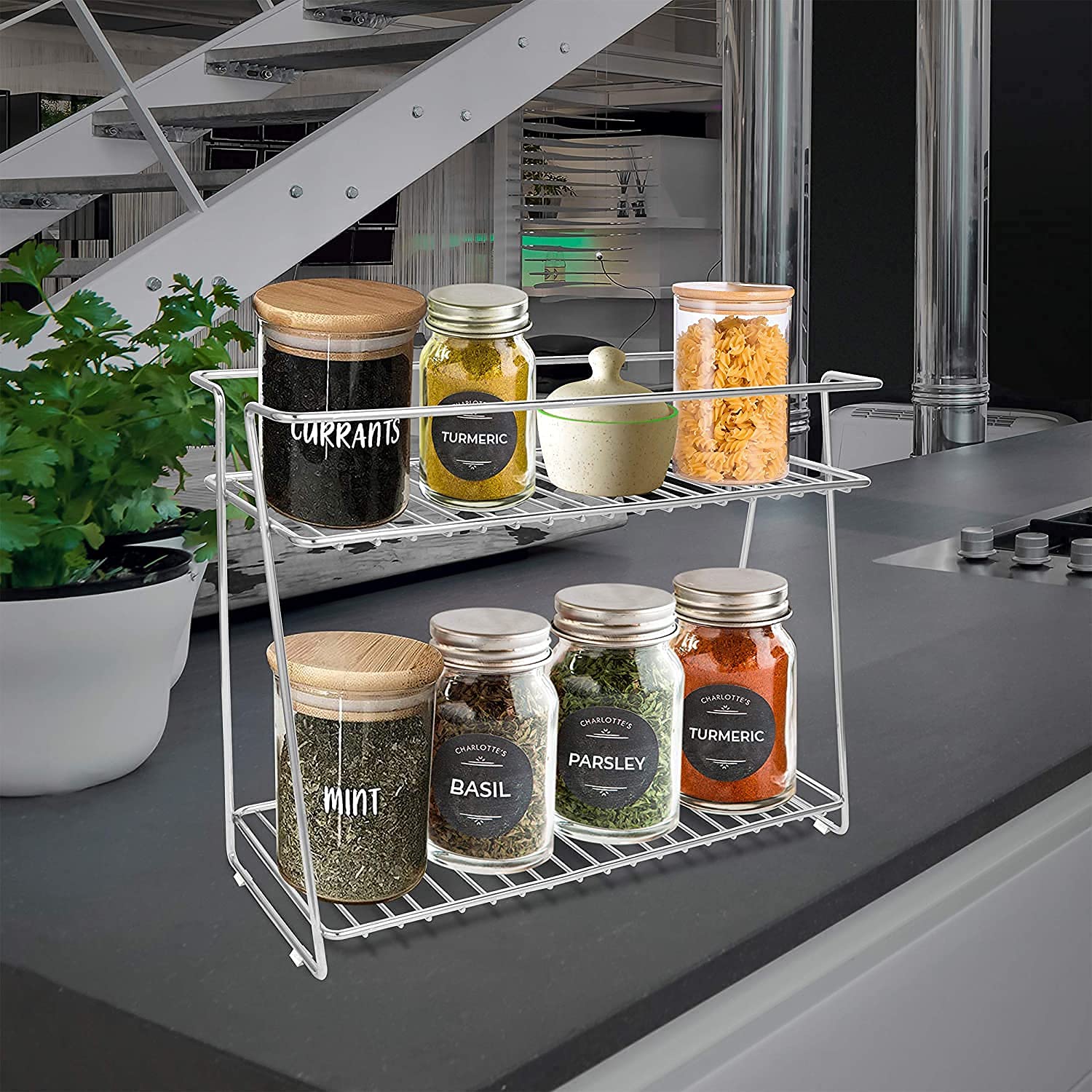 CR18 COLLLECTION 2-Tier Stainless Steel Kitchen Rack, Countertop Organizer, 40L x 8W x 4H Corner Storage Rack for Spices, Utensils, and Small Appliances (Silver, 1 Pc)