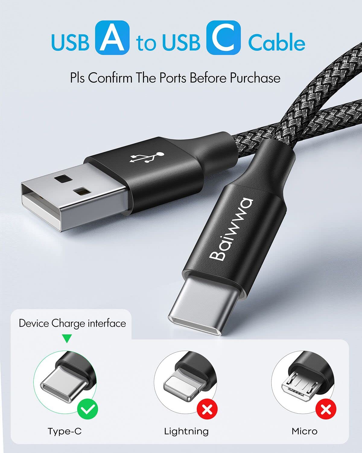 Baiwwa 2-Pack 3ft USB C to USB A Fast Charging Cable 3A Nylon Braided - Compatible with iPhone 16/15 Pro Max/Plus, Samsung Galaxy S24/S23/S22/S21/S20/Note 20/10, Pixel 8/7 XL/7a/8 Pro - Perfect for Car Play, Home & Office Charging