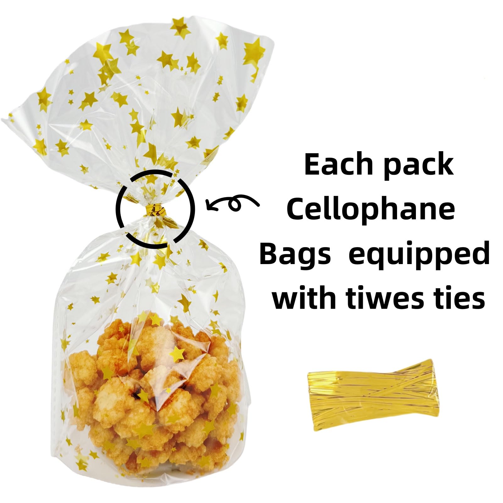 Premium Gold Star Cellophane Treat Bags with Twist Ties - 50 Pack Thick Plastic Small Cello Bags for Bakery, Cookies, Desserts & Candy Buffet Supplies - Perfect for Party Favors, Wedding Treats & Gift Packaging