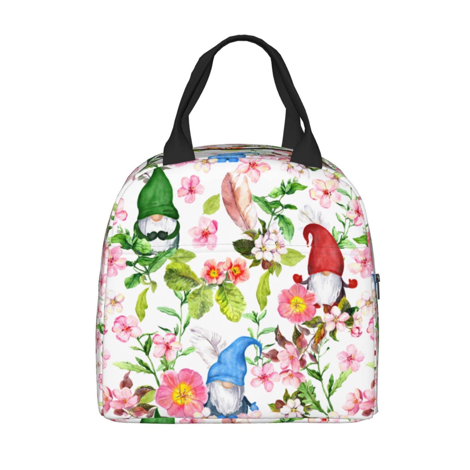 Insulated Reusable Lunch Box with Cute Gnomes & Watercolor Flowers Design - Perfect for Office, School, Camping, Hiking, Picnic, Beach & Travel - BPA-Free Leakproof Lunch Tote for Women & Men