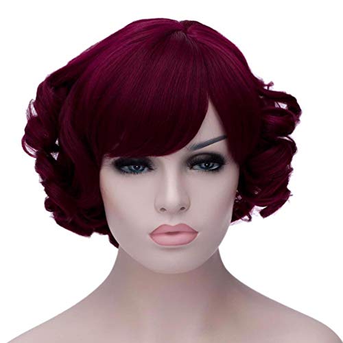 HongHu Short Wavy Curly Synthetic Wig - Anime Cosplay Costume Accessory for Halloween, Parties & Costume Events - Wine Red Color for Cosplay Enthusiasts | Perfect for Character Roleplay, Themed Parties & Photo Shoots