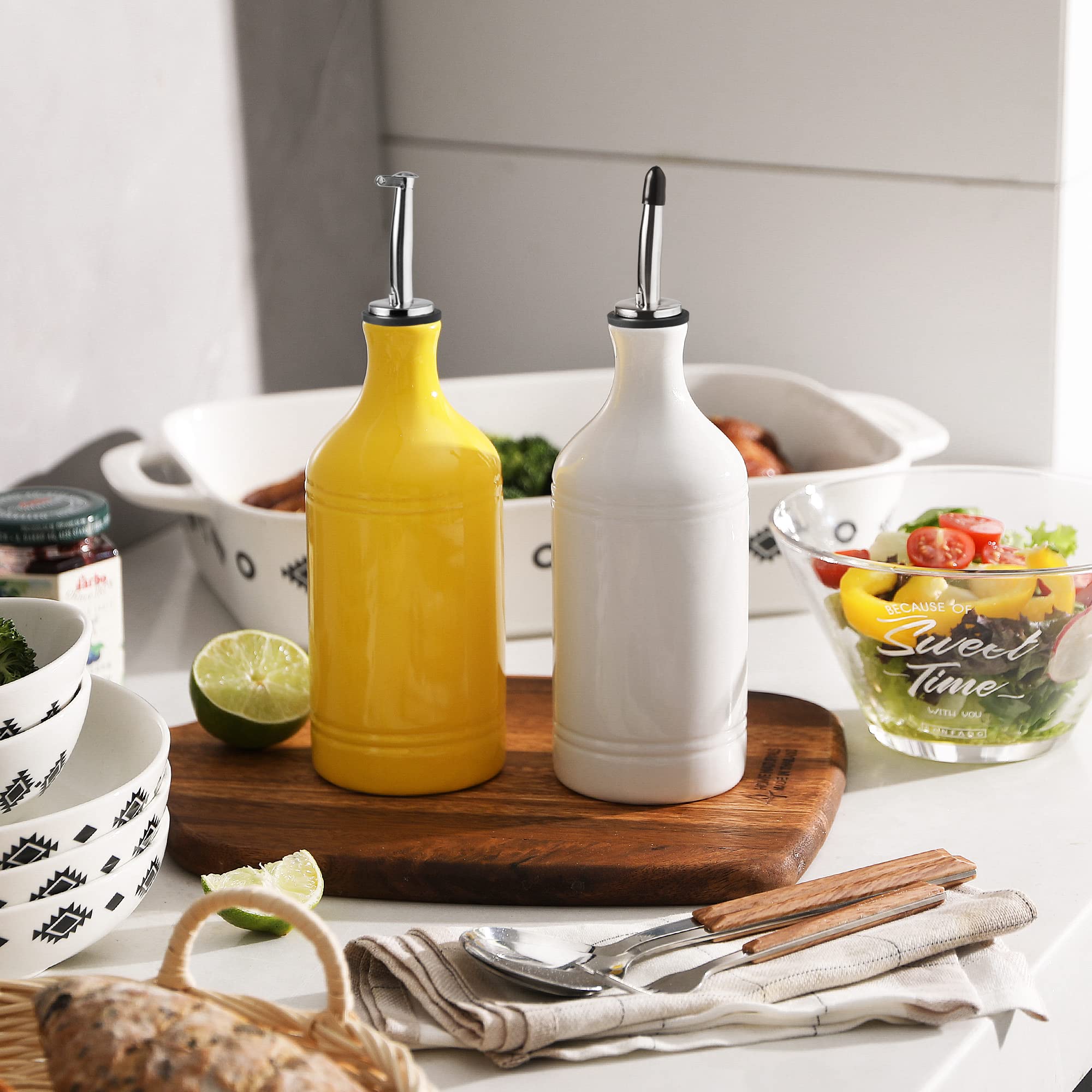 Premium Ceramic Olive Oil Dispenser Bottle - 15.5oz Opaque Oil Cruet Protects Against Oxidation - Ideal for Storing Olive Oil, Vinegar & Coffee Syrups - Durable Kitchen Essential for Cooking & Salad Dressing (Yellow, Pack of 1)