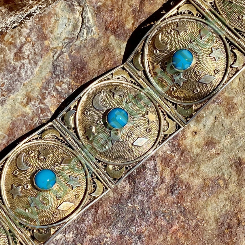 Vintage Gold Washed 800 Silver Moon and Stars Charm Bracelet - Perfect for Boho Chic Outfits & Festival Jewelry