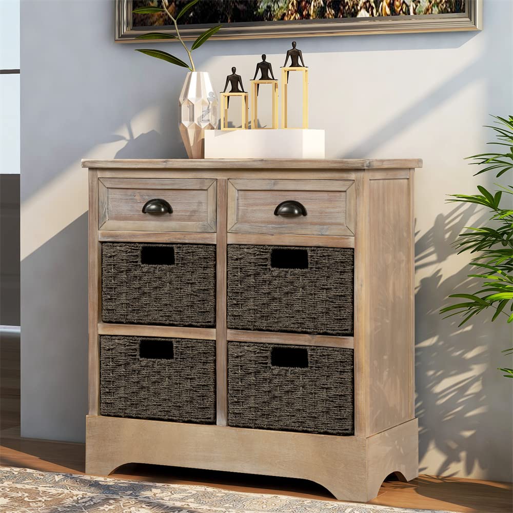 Rustic White Washed Storage Cabinet with 2 Drawers & 4 Rattan Baskets - Farmhouse Entryway Console Table, Living Room Sofa Table, Dining Room Sideboard Storage Chest | Perfect for Hallway Organization, Living Room Decor & Dining Room Storage Solutions