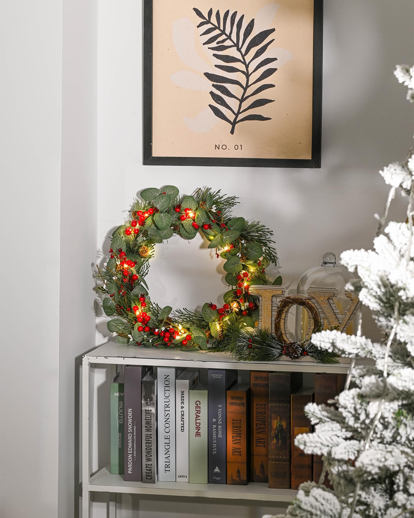 DN DECONATION 20 Inch Battery Operated LED Lighted Spring Wreath - Artificial Eucalyptus Summer Wreath with Pine Cones & Berry Clusters for Front Door Holiday Decor - Perfect for Easter, Christmas & Home Entryway Decorations