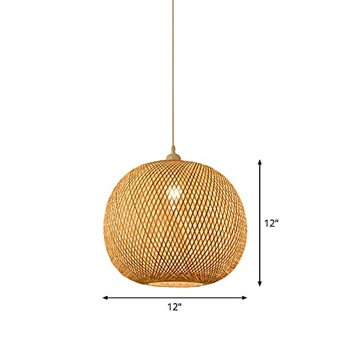 LITFAD Hand-Woven Asian Style Bamboo Pendant Light - Adjustable Cord 1 Bulb Hanging Fixture in Beige for Dining Room, Living Room, Restaurant - Perfect for Boho Decor, Zen Atmosphere & Cozy Home Lighting