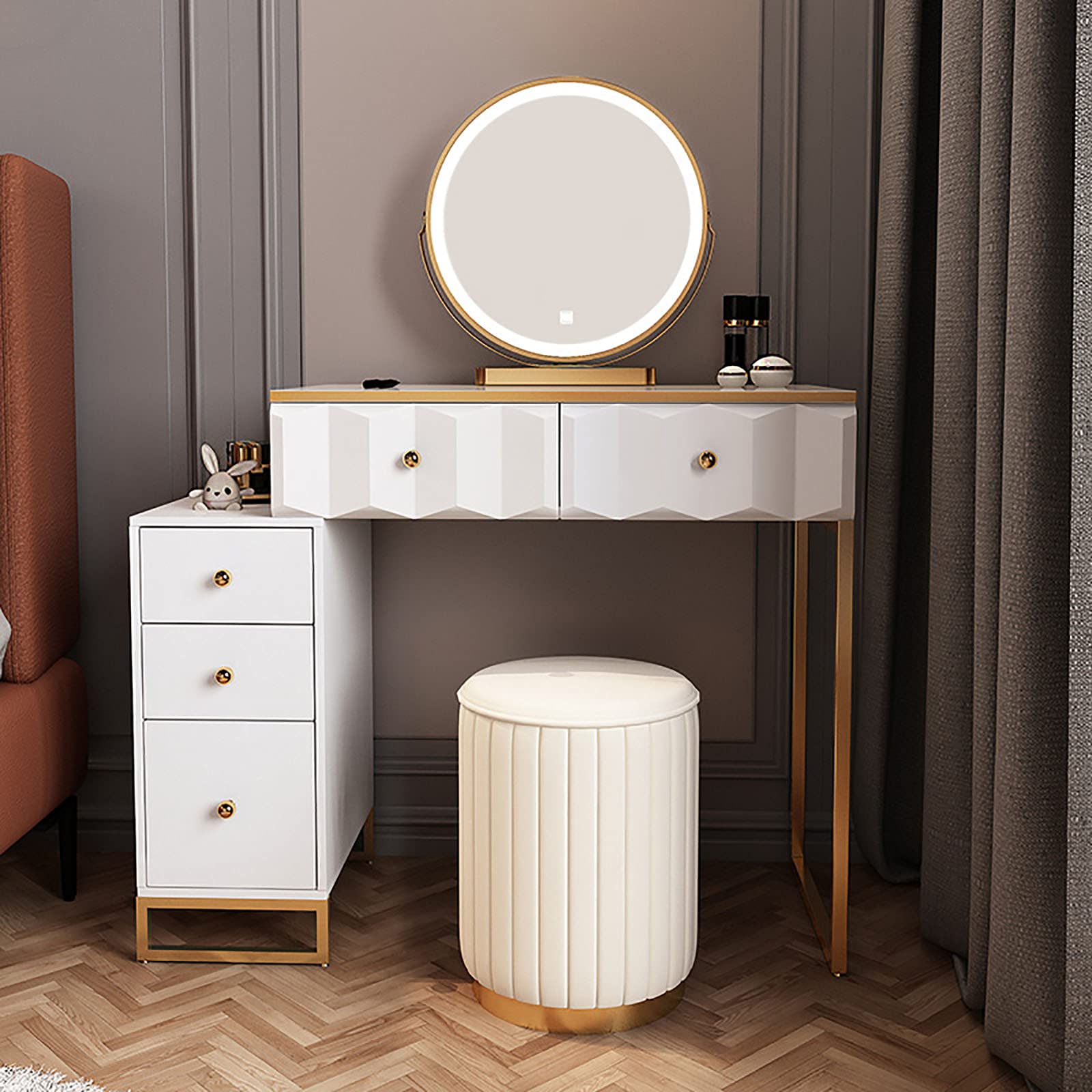 SWTOM Vanity Bench with LED Makeup Mirror - White Makeup Vanity Set with 5 Sliding Drawers & Cushioned Stool (70x40x76cm) - Perfect for Bedroom, Dressing Room & Beauty Salon Organization