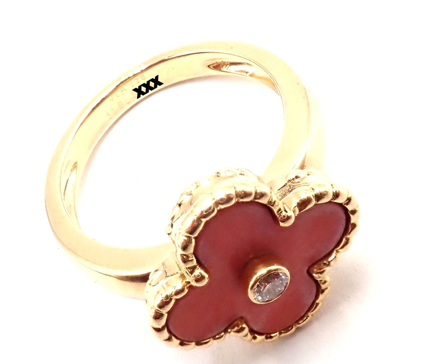 Authentic Van Cleef & Arpels Alhambra 18k Yellow Gold Coral Diamond Ring - Luxury Jewelry for Women, Elegant Gift for Anniversary, Wedding & Special Occasions
