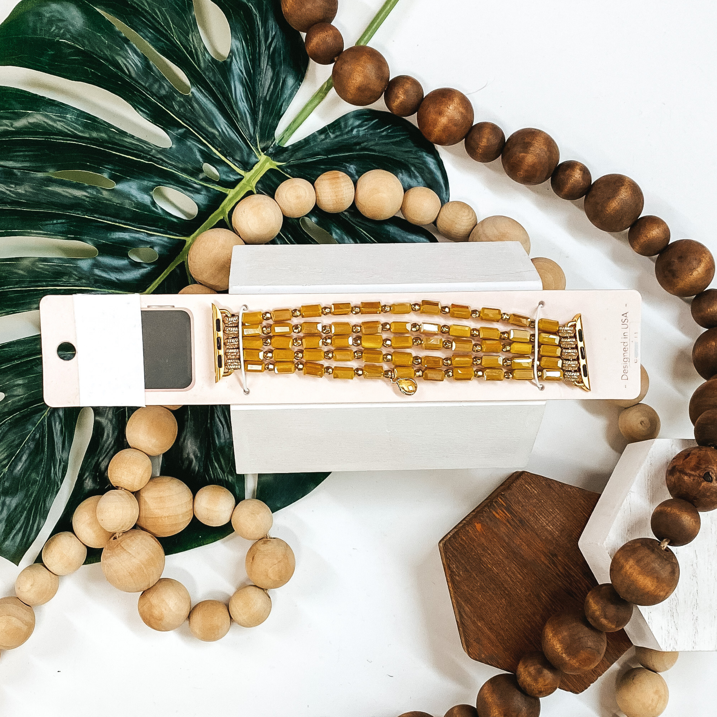 5 Strand Beaded Apple Watch Band in Mustard Yellow - Adjustable Stretch Bracelet for Women - Perfect for Workouts, Yoga & Everyday Wear