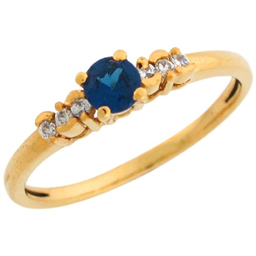 10K Yellow Gold Round Cut Simulated Blue Sapphire & White CZ Petite Ladies Ring - Jewelry Clearance Sale - Perfect for Weddings, Anniversaries & Special Occasions
