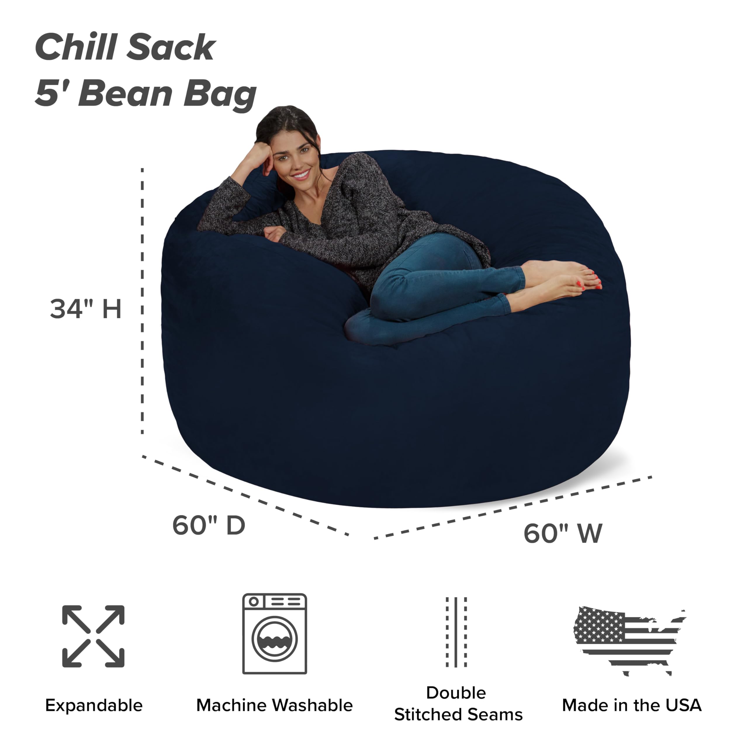 Chill Sack Giant 5-Foot Memory Foam Bean Bag Chair - Ultra Soft Microfiber Cover in Midnight Blue - Perfect for Living Rooms, Game Rooms & Dorm Lounging