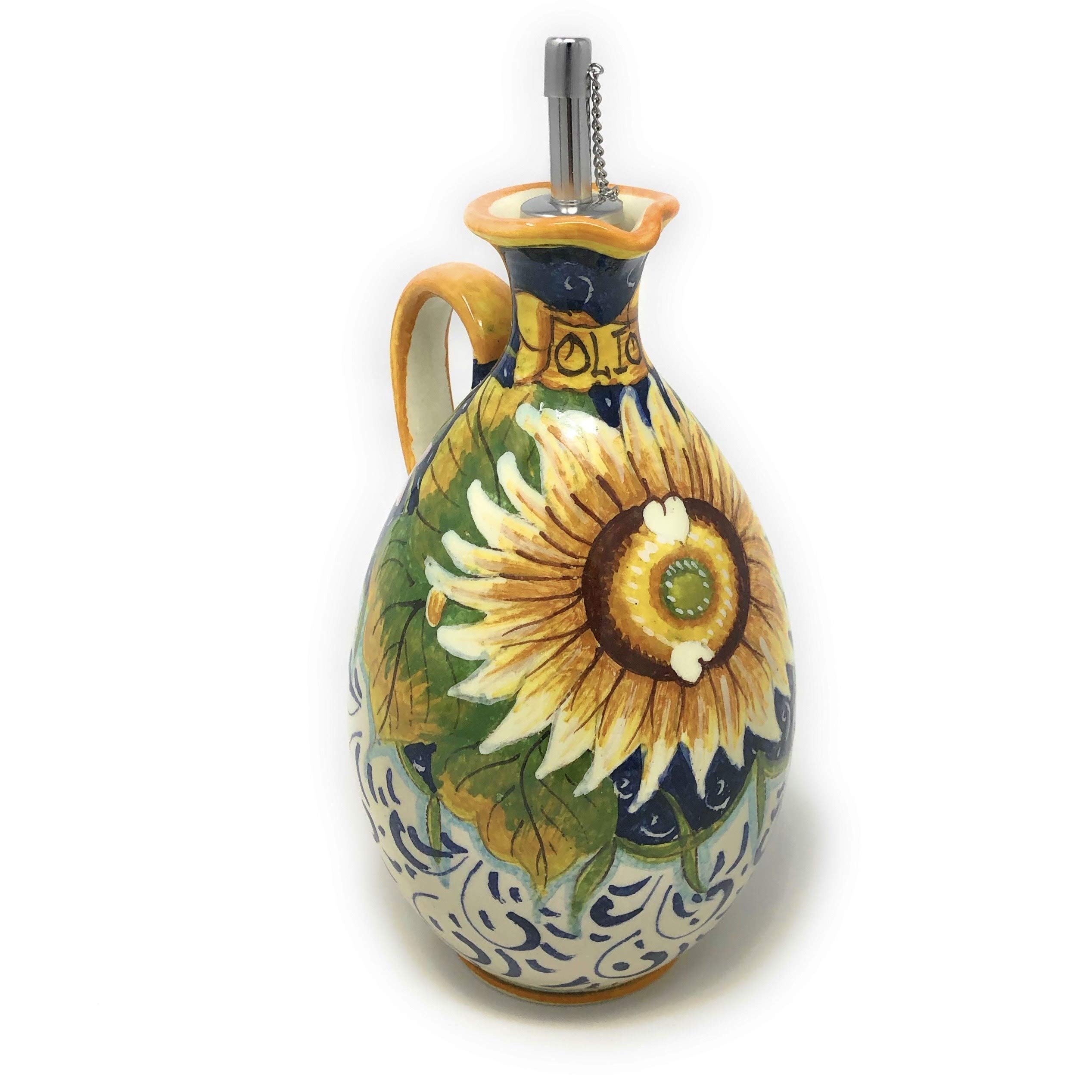 Italian Ceramic Oil Cruet - Hand Painted Sunflower Design Art Pottery from Tuscany, Made in Italy | Perfect for Kitchen, Dining Table & Gift Giving