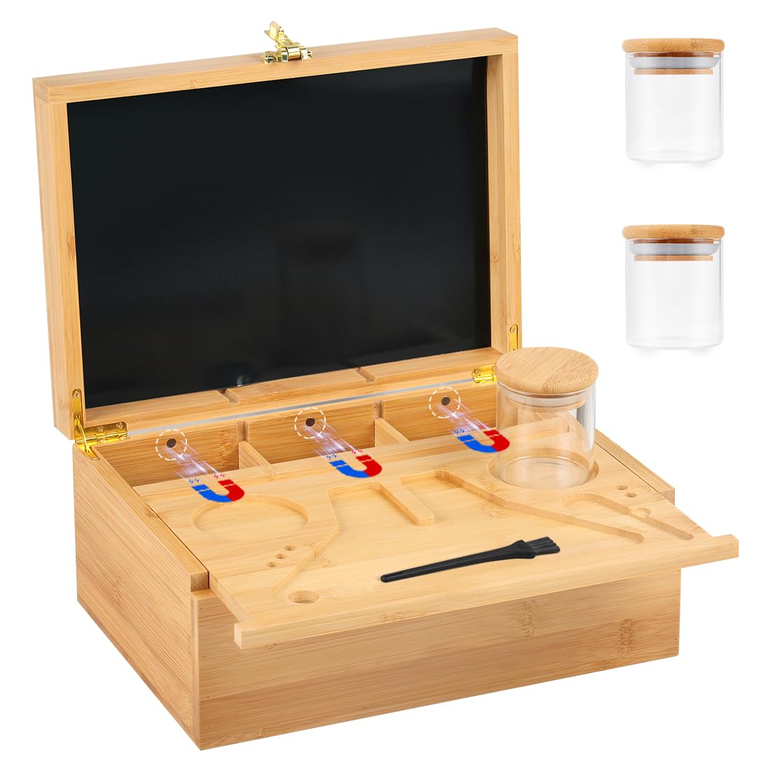 CODOGOY Large Bamboo Storage Box with Combination Lock - 11 x 8 x 5 Inches, Includes 3 Glass Jars & Brush - Perfect for Organizing Jewelry, Makeup, or Keepsakes at Home or Office
