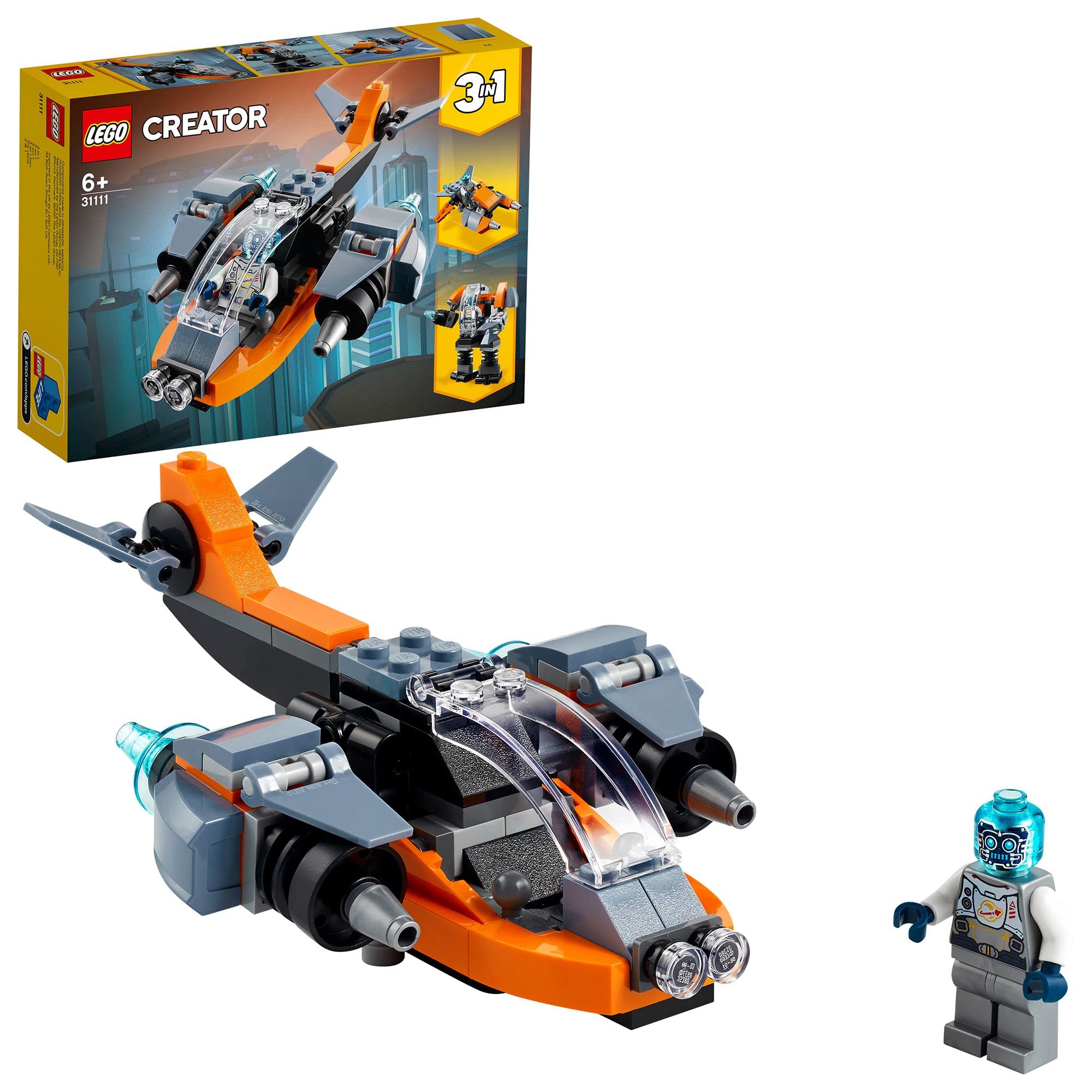 LEGO 31111 Creator 3-in-1 Cyber Drone Building Kit with Motorcycle & Robot Figure - Space-Themed STEM Toy for Boys & Girls Ages 6+ - Perfect for Creative Play, Birthday Gifts & Educational Fun