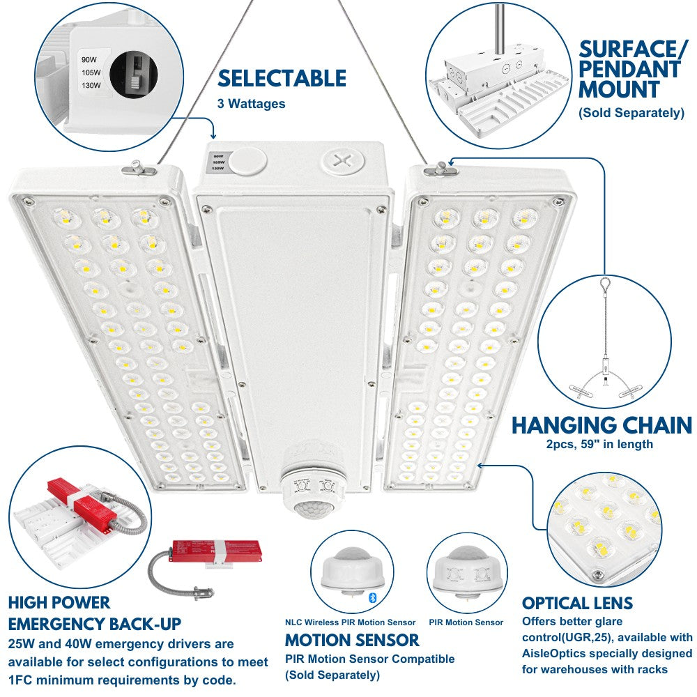 PAVO I LED Bay Light 130W/105W/90W - 20,020 Lumens High Bay Lighting Fixture - 120-277V Wide Voltage - 5000K Daylight White - Replaces 320W Metal Halide - Perfect for Warehouses, Garages & Industrial Spaces