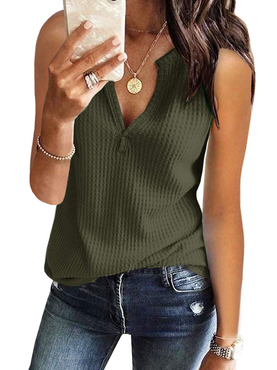 Women's V-Neck Waffle Knit Tank Tops - Sleeveless Loose Fit Casual Summer Tee Shirts for Beach, Gym & Everyday Wear