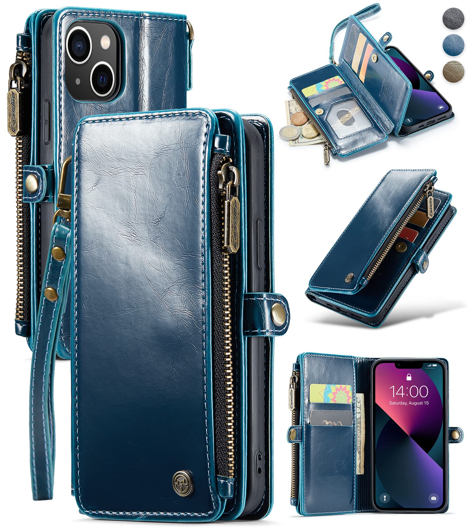 Premium Luxury PU Leather Magnetic Flip Wallet Case for iPhone 13 - Vintage Design with Wrist Strap & Zipper Card Holder (Blue) | Perfect for Business, Travel & Everyday Use - Compatible with iPhone 13 for Men & Women