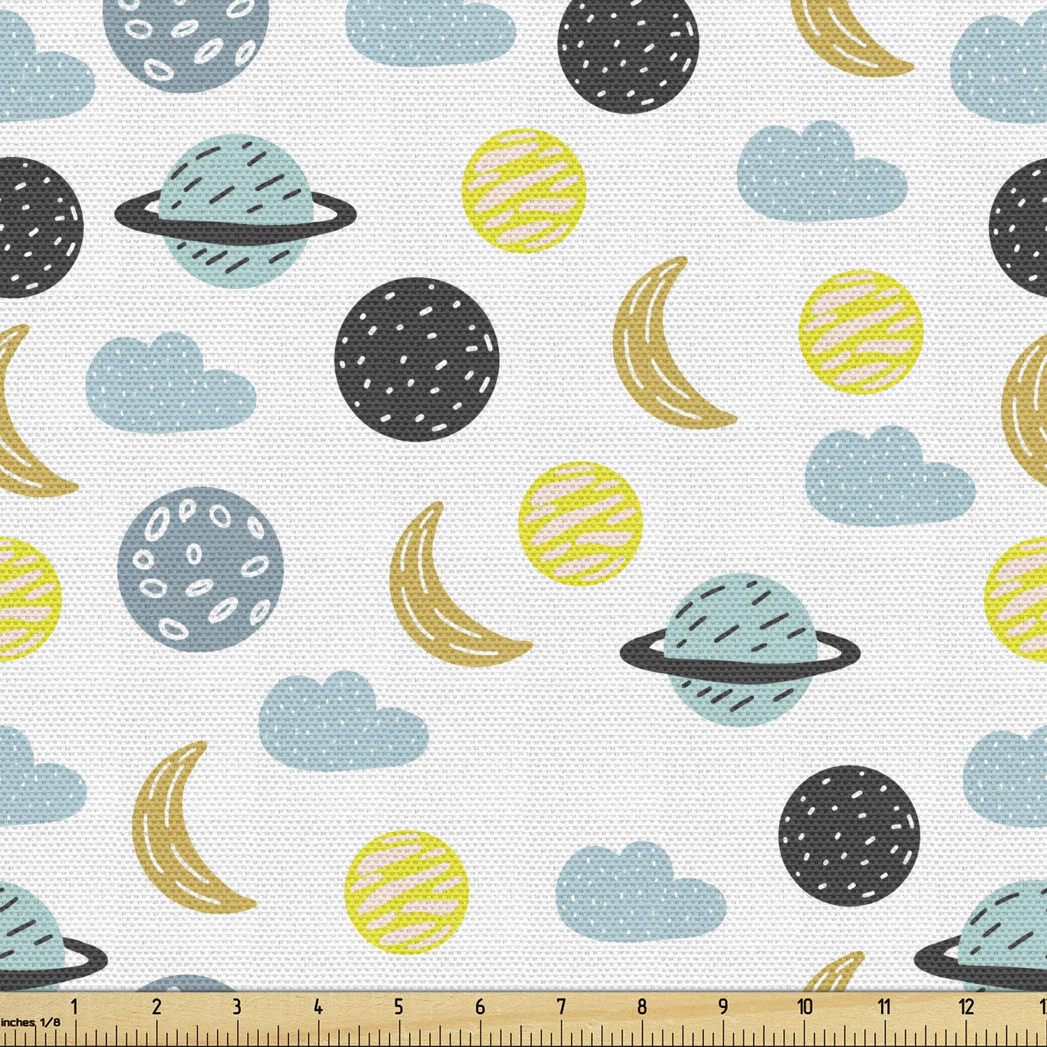 Ambesonne Moon Fabric by The Yard - Crescent Planets & Clouds Doodle Pattern Upholstery Fabric for DIY Home Decor, Curtains, Pillows & Crafts (10 Yards, Multicolor) - Perfect for Bohemian Bedroom, Nursery & Cosmic Themed Decorations
