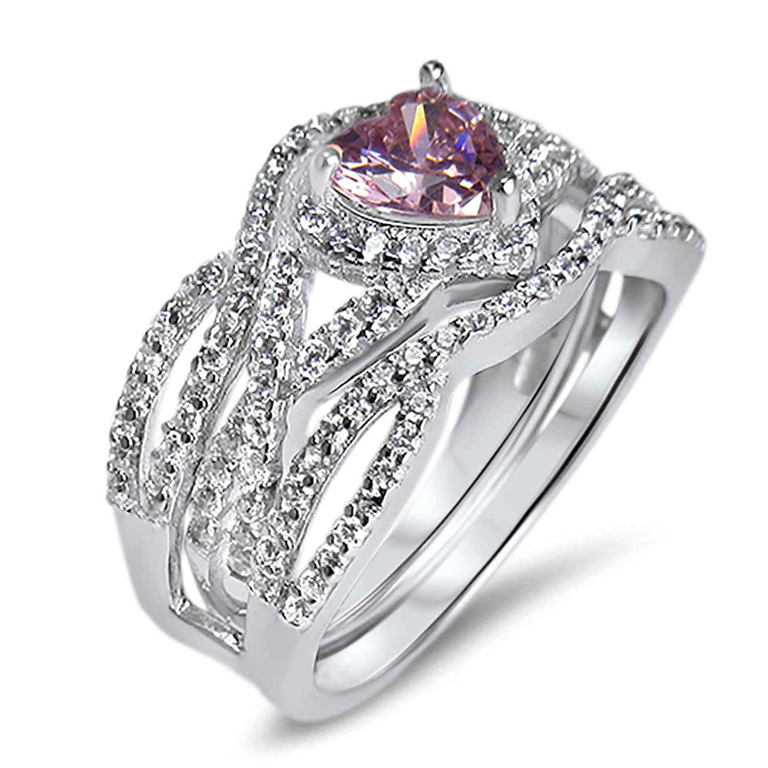 LaRaso & Co Sterling Silver Pink CZ Simulated Sapphire Matching Couple Rings Set - His & Her Wedding Bands, Engagement Rings for Bridal Jewelry - Perfect for Anniversaries, Proposals & Romantic Gifts