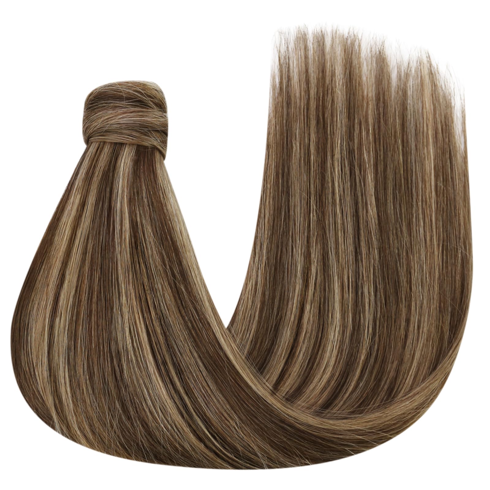Ve Sunny Real Human Hair Ponytail Extension - 22inch Dark Brown with Platinum Blonde Highlights (80g) | Invisible Seamless Clip-in Hair Extension for Daily Wear, Parties & Special Occasions
