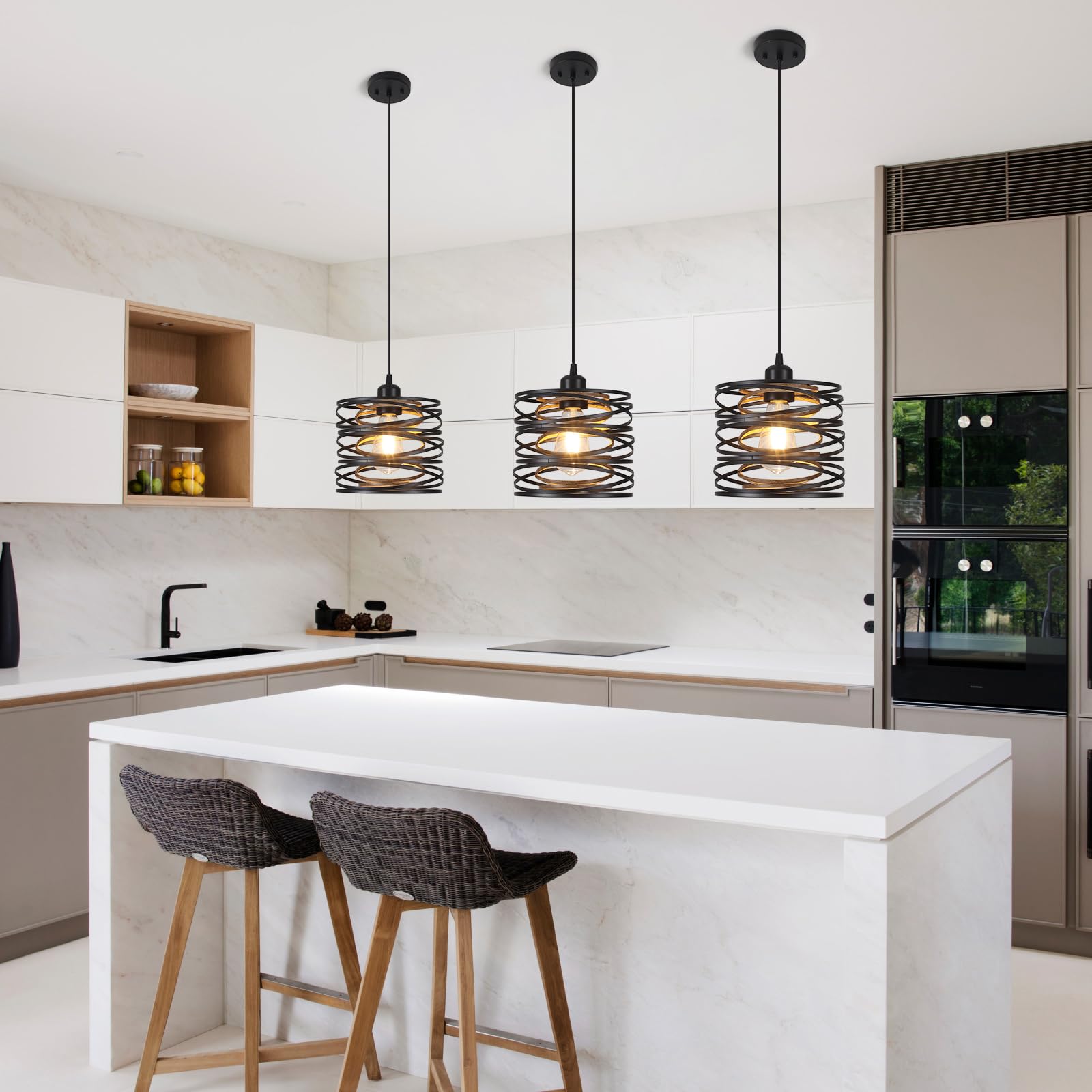 2 Pack Black Industrial Pendant Lights - Metal Hanging Light Fixtures with Wood Farmhouse Design for Kitchen Island, Dining Room, Bedroom, Bar & Office - ETL Certified | Perfect for Modern Homes, Restaurants and Workspaces