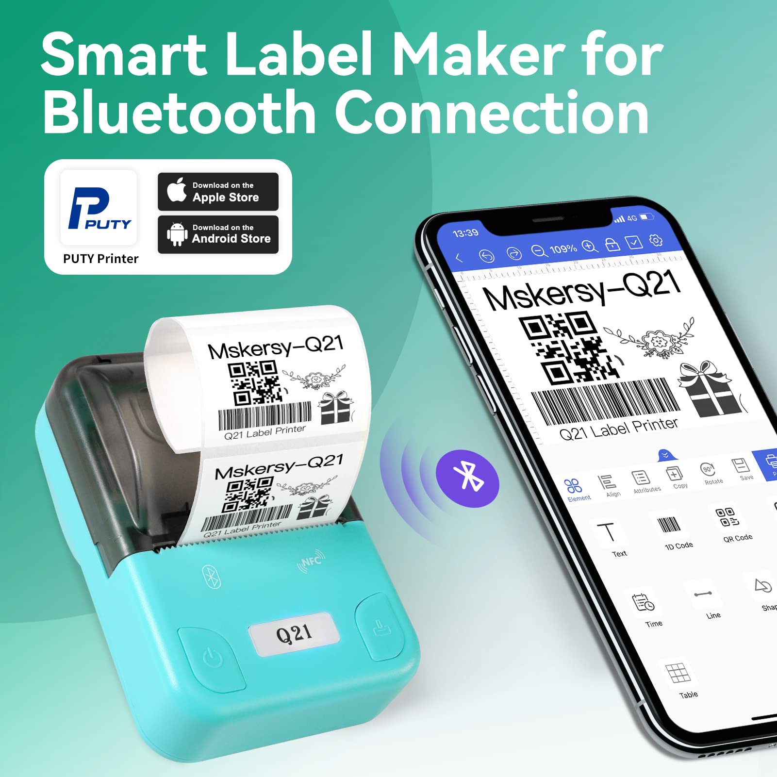 Q21 Bluetooth Label Maker Machine for Home & Office - Compatible with iOS & Android, Handheld Sticker Printer with 1.57