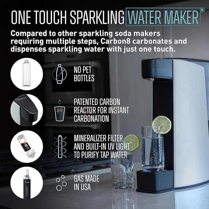 Carbon8 Sparkling Water Maker Machine - Home Soda Stream with Screw-In CO2 Carbonator, Countertop Water Mineralizer & Seltzer Maker - Perfect for Healthy Hydration, Parties & Home Bars (CO2 Cylinder Not Included, Aluminum)