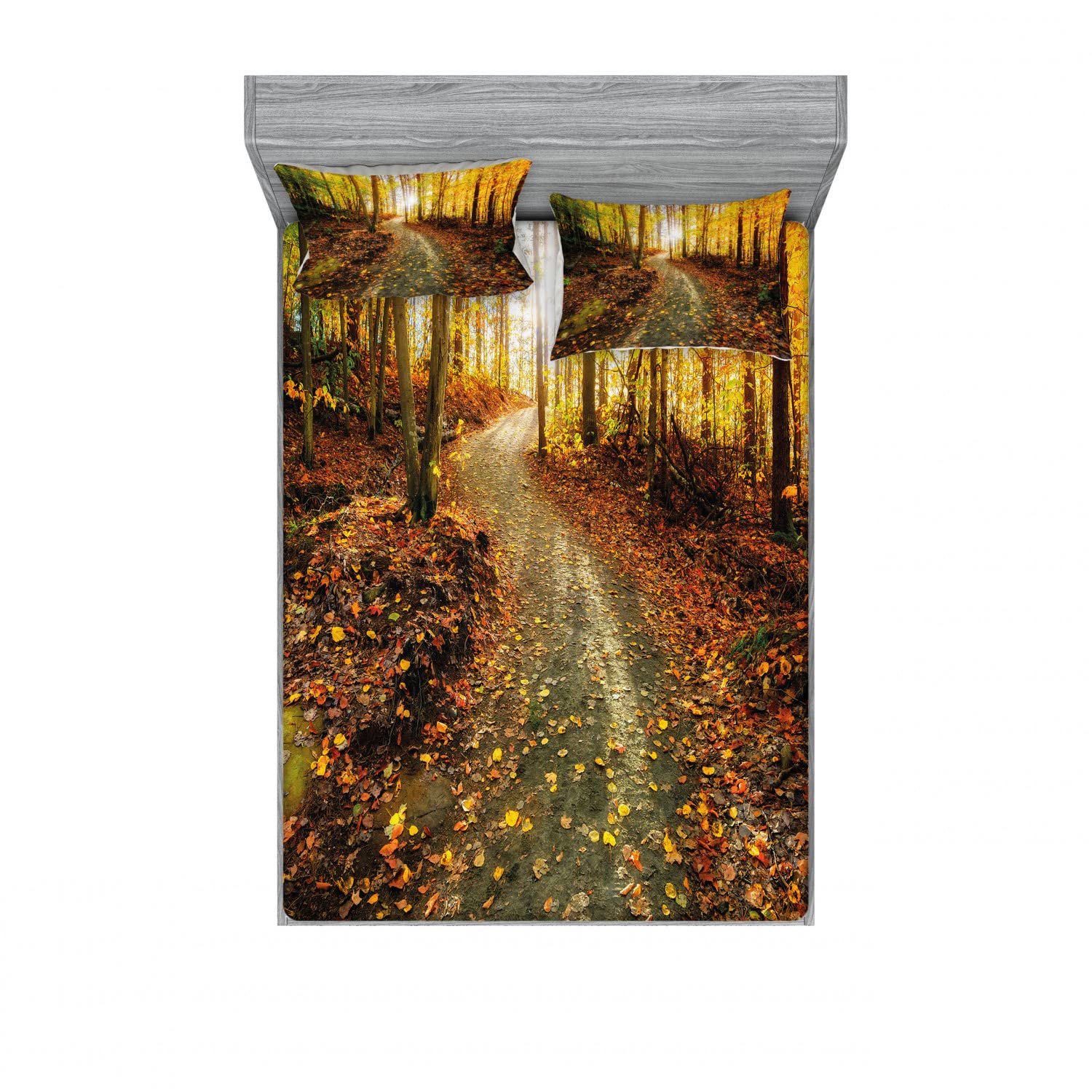 Ambesonne 2-Pack Queen Size Fitted Sheet & Pillow Sham Set - Early Morning Woodland Print 4-Piece Bedding Set (2 Fitted Sheets + 4 Pillow Covers) - Vibrant Multicolor Autumn Decor for Cozy Bedroom & Guest Room
