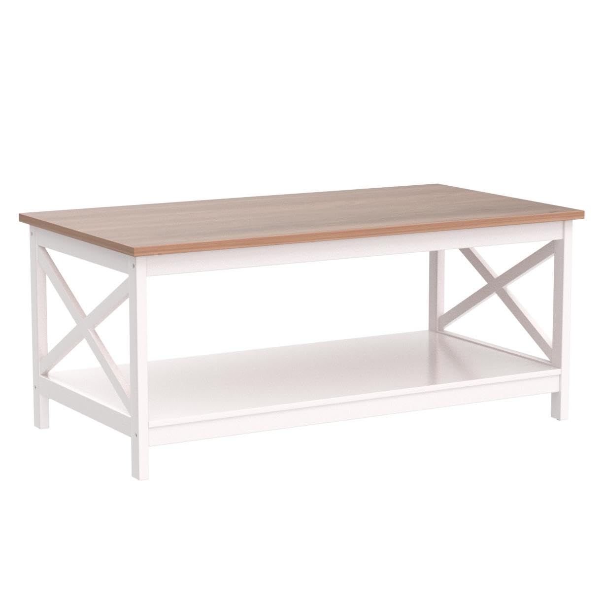 Modern Coffee Table with Storage - 2-Tier Farmhouse Style Living Room Table, PHI VILLA Rustic Wooden Coffee Table for Small Spaces | Perfect for Home Decor, Family Gatherings & Coffee Time