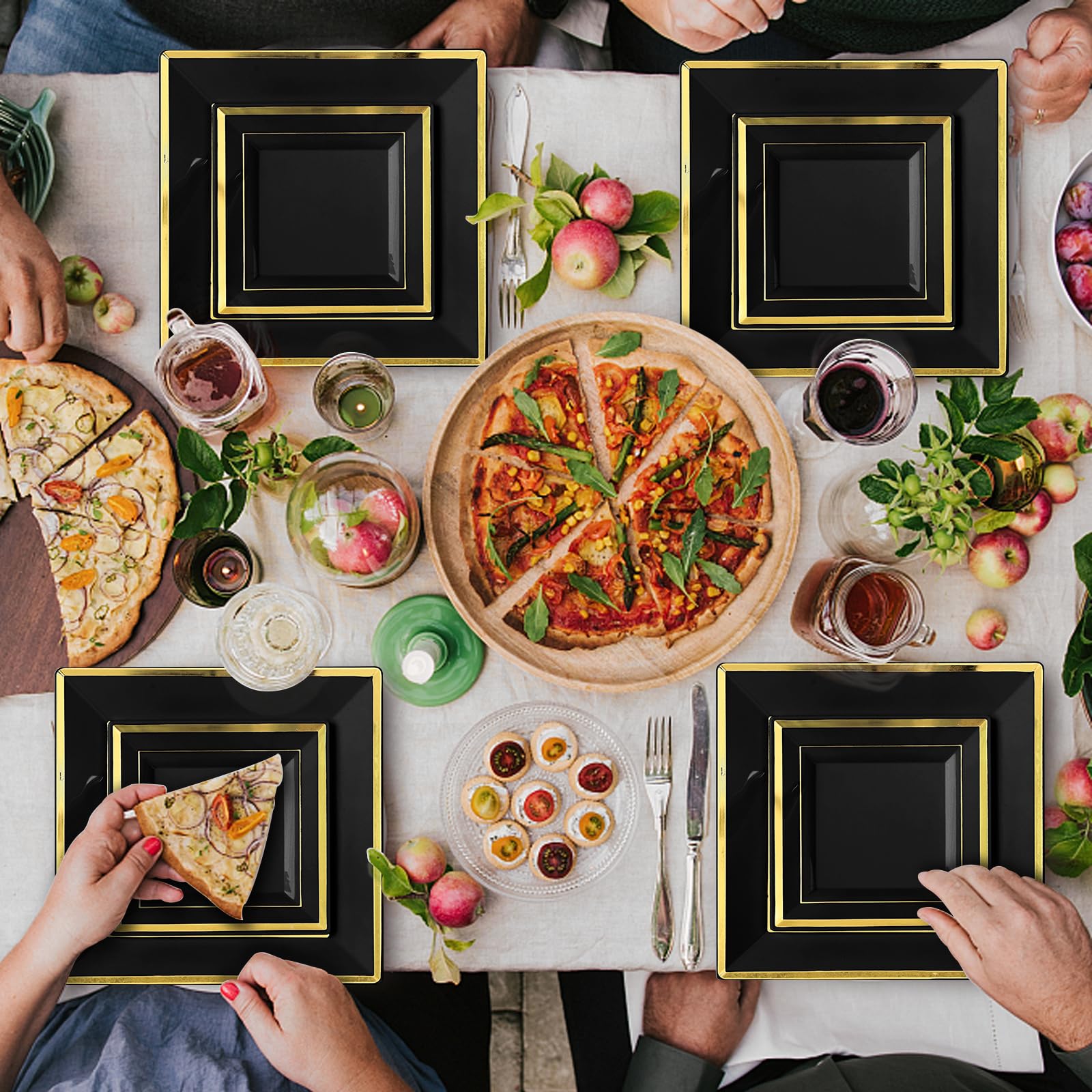 Goodluck 352-Piece Black Square Plastic Dinnerware Set with Gold Trim - Includes 100 Plates, 50 Cups, 50 Cutlery Sets, 50 Rolled Napkins & 2 Tablecloths - Perfect for Weddings, Parties, Catering & Large Gatherings (Serves 50 Guests)