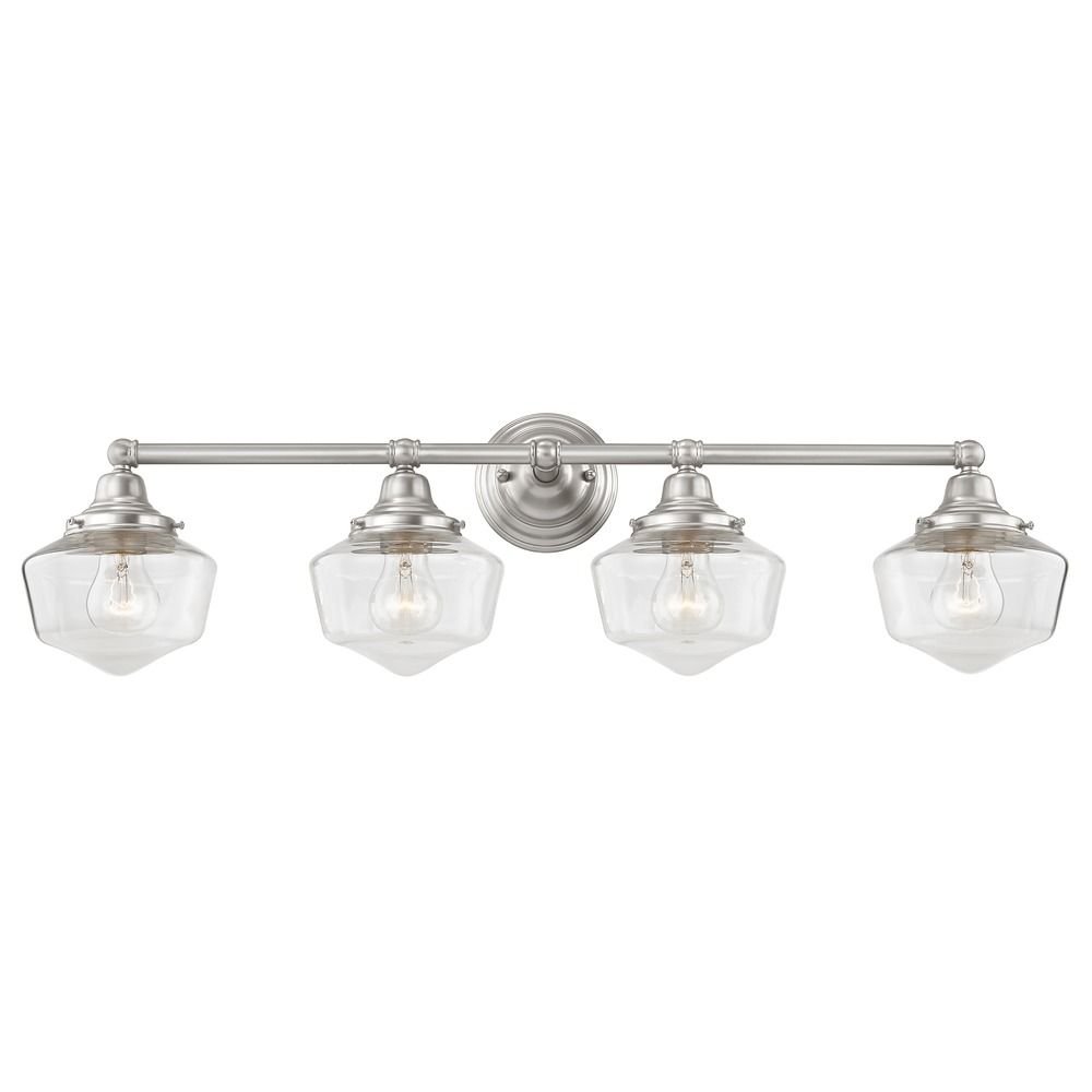 Clear Glass Schoolhouse Bathroom Light Fixture - Satin Nickel Finish 4-Light Vanity Bar - 31.625 Inch Length for Bathroom, Powder Room & Dressing Area Lighting
