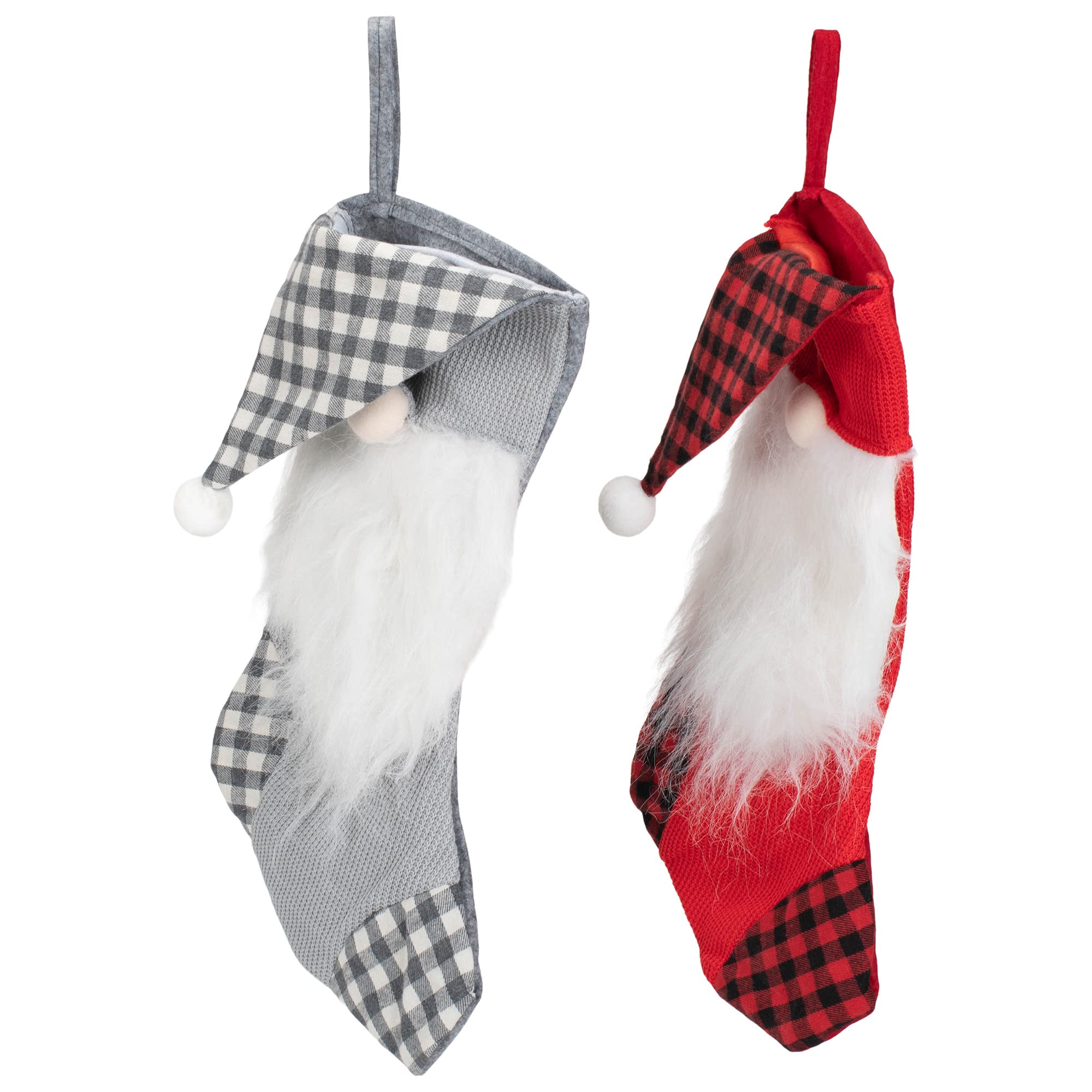 Buffalo Check Gnome Christmas Stockings Set of 2 - 18-inch Festive Holiday Decorations - Red and Black Plaid Polyester Stockings for Fireplace Mantel, Gift Exchange & Christmas Tree Decor