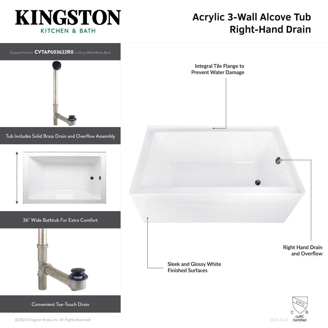 Aqua Eden 60 Inch Acrylic Rectangular 3-Wall Alcove Bathtub - Right Hand Drain, Glossy White with Antique Brass Trim | Freestanding Soaking Tub for Modern Bathrooms, Spa-Like Relaxation at Home