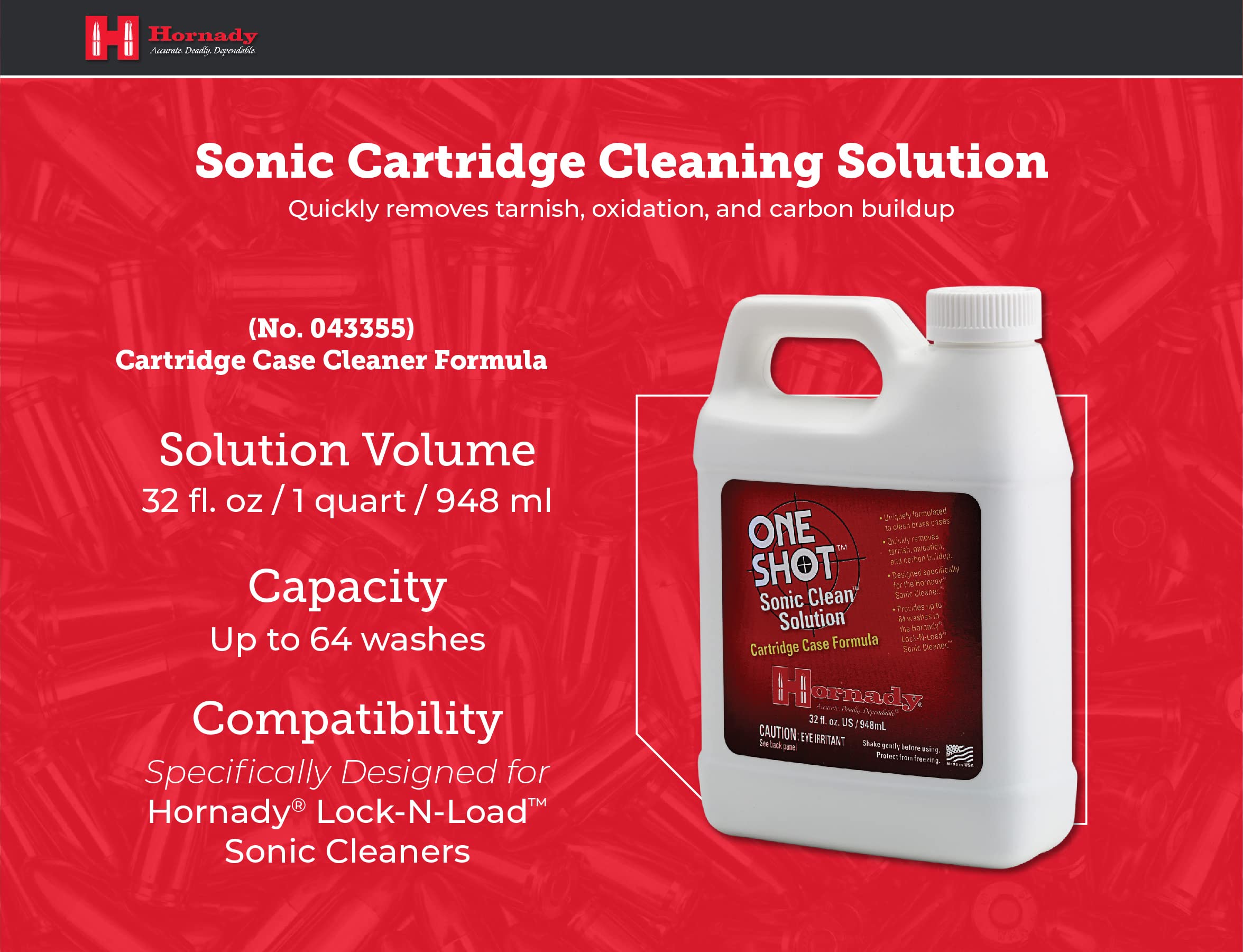 Hornady 043355 Lock-N-Load Sonic Gun Cartridge Cleaner Solution - 1 Quart | Fast & Effective Brass Cleaning for Reloading | Perfect for Rifle, Pistol & Shotgun Shells
