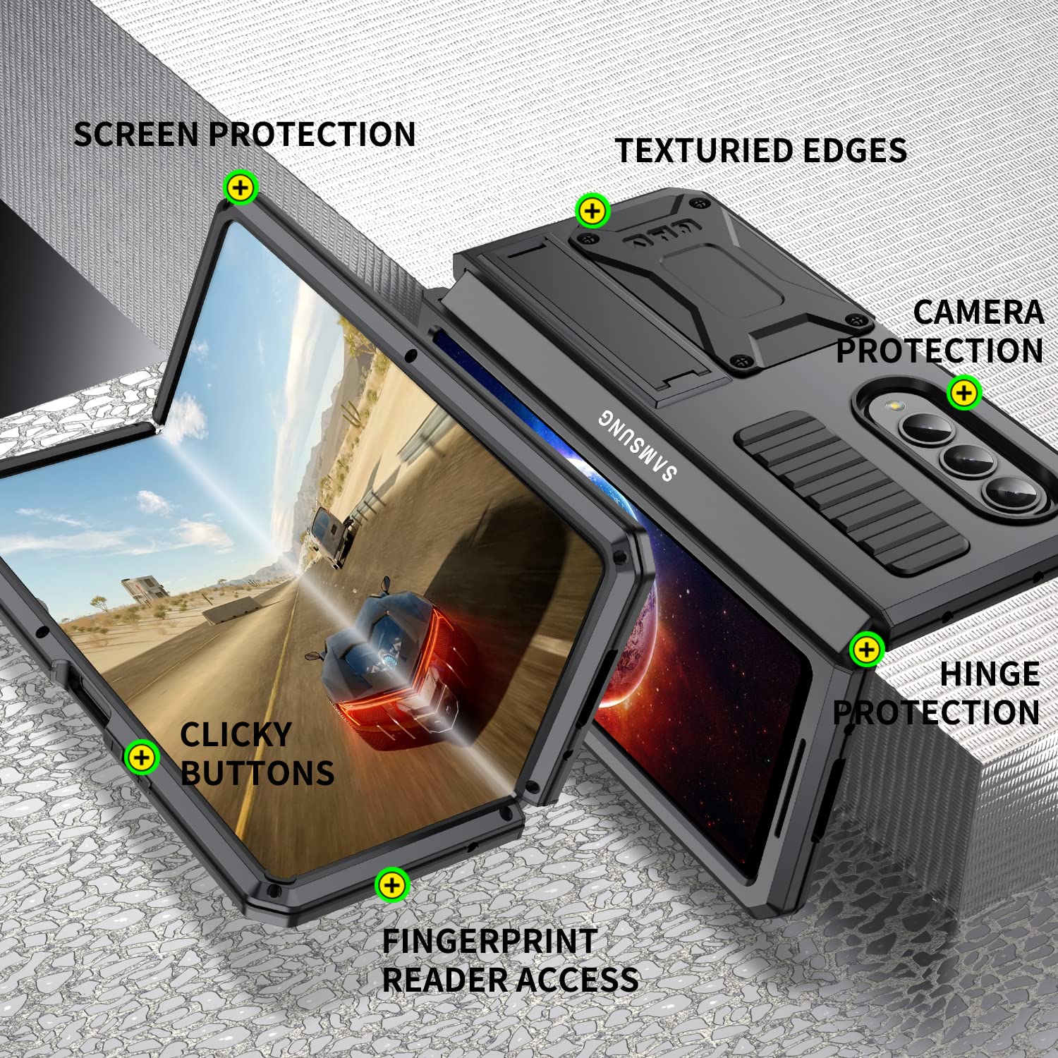Samsung Galaxy Z Fold 4 Heavy Duty Rugged Case with Built-in Screen Protector & Kickstand - Military Grade Shockproof Full Body Protection Cover (Black) - Perfect for Outdoor Activities, Travel & Daily Use