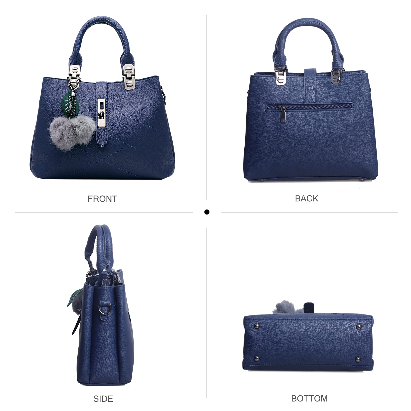 Nicole & Doris Women's Handbags - Stylish PU Leather Messenger Tote Shoulder Bag with Top Handle & Pompom Pendant, Waterproof & Durable (Blue) - Perfect for Work, Travel, and Everyday Use