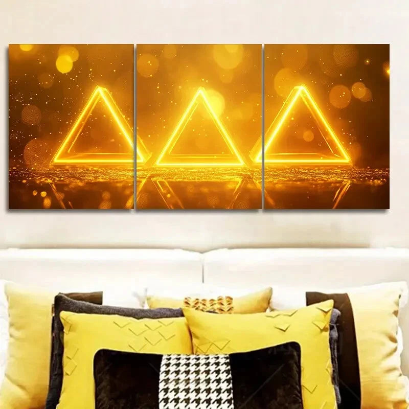 3-Piece Glowing Yellow Triangle Metal Wall Art - Ready to Hang Modern Home Decor for Living Room, Bedroom & Office
