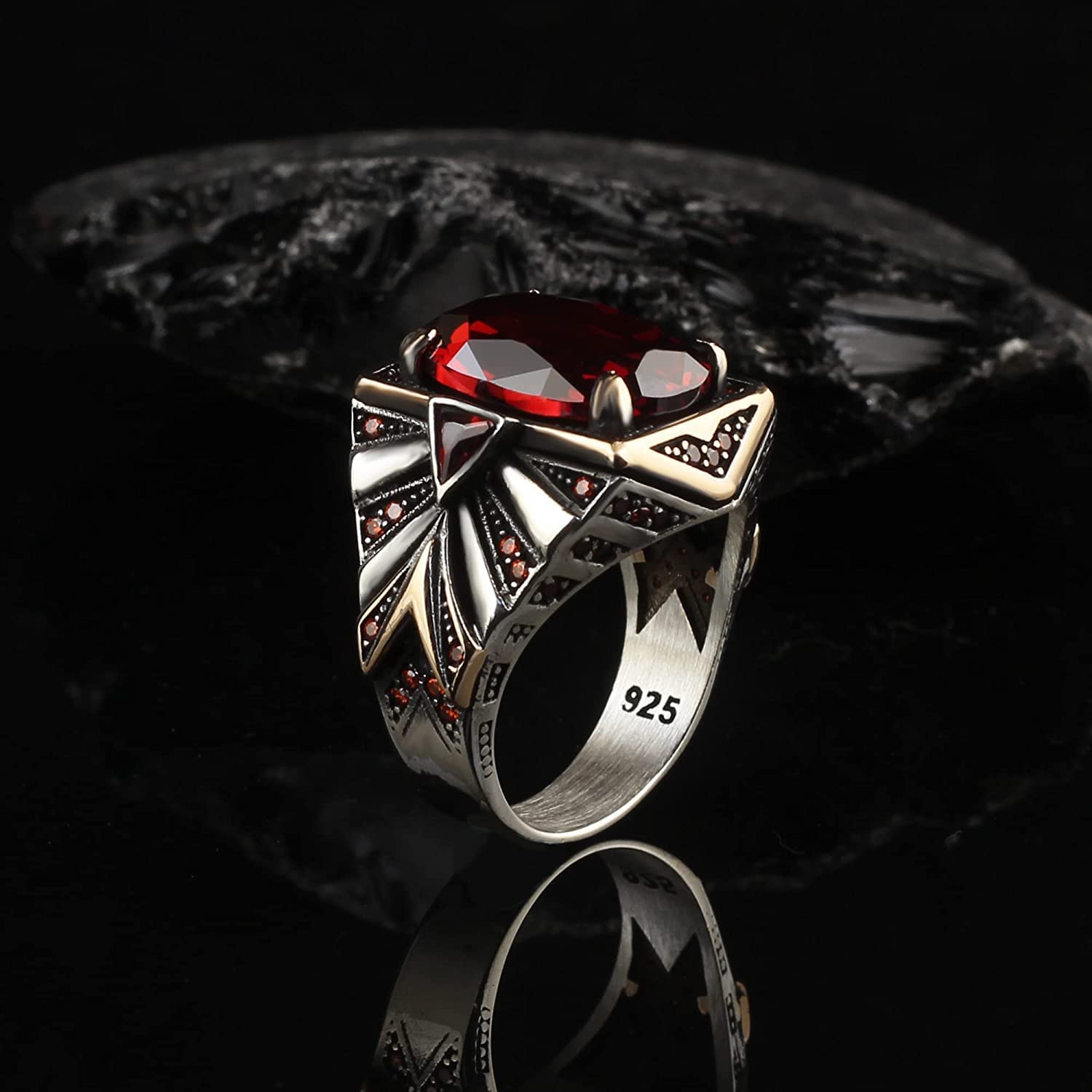 Handmade 925 Sterling Silver Men's Ring with Triangle Garnet Gemstone - Futuristic Statement Jewelry for Men - Perfect for Weddings, Gifts & Fashion Accessories