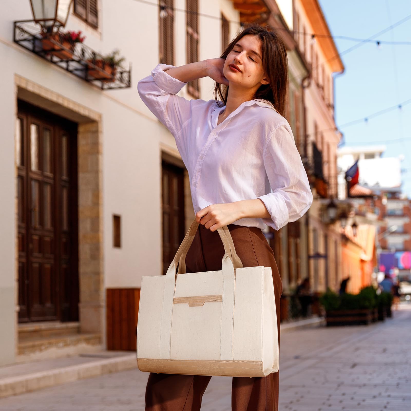 Missnine 15.6 Inch Canvas Tote Bag for Women - Large Capacity Laptop Briefcase & Work Handbag for Office, School, College, Business Travel & Daily Commute