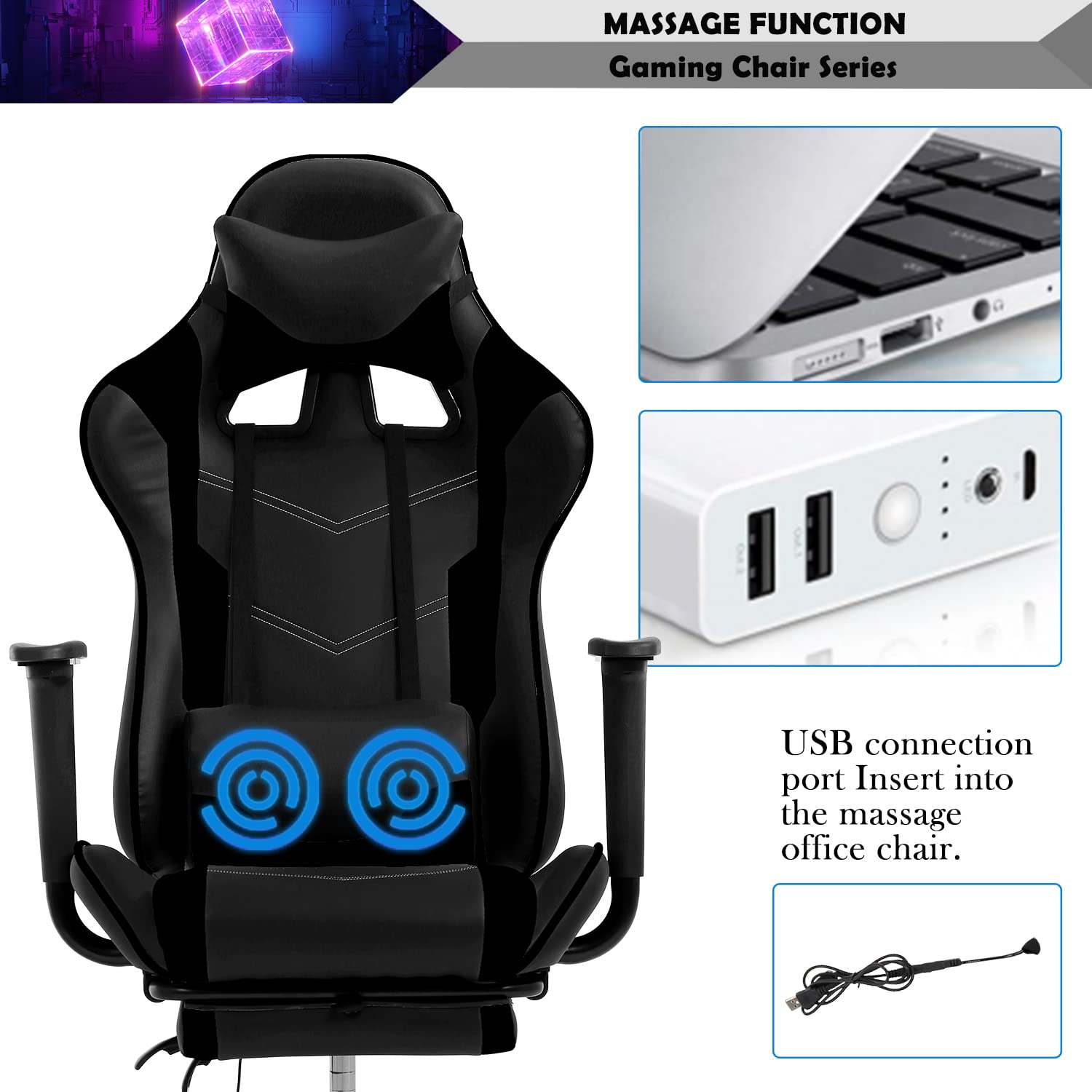 Ergonomic Gaming Chair with Adjustable Height, Swivel & Rolling Wheels - PU High Back Office Chair with Headrest, Footrest & Lumbar Massage Support - Perfect for PC Gaming, Home Office & Workstations