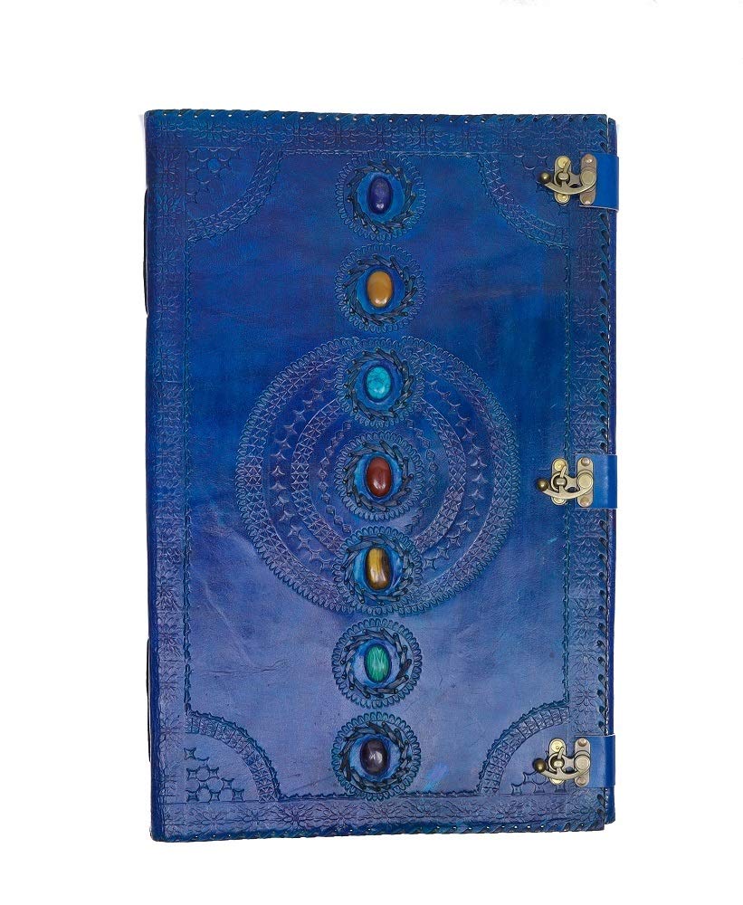 Handmade Skyland Seven Chakra Medieval Stone Embossed Leather Journal - 14x22 Inch Large Book of Shadows, Notebook for Office, College, Poetry & Sketching - Royal Blue | Perfect for Wiccan Rituals, Gift Giving & Creative Writing