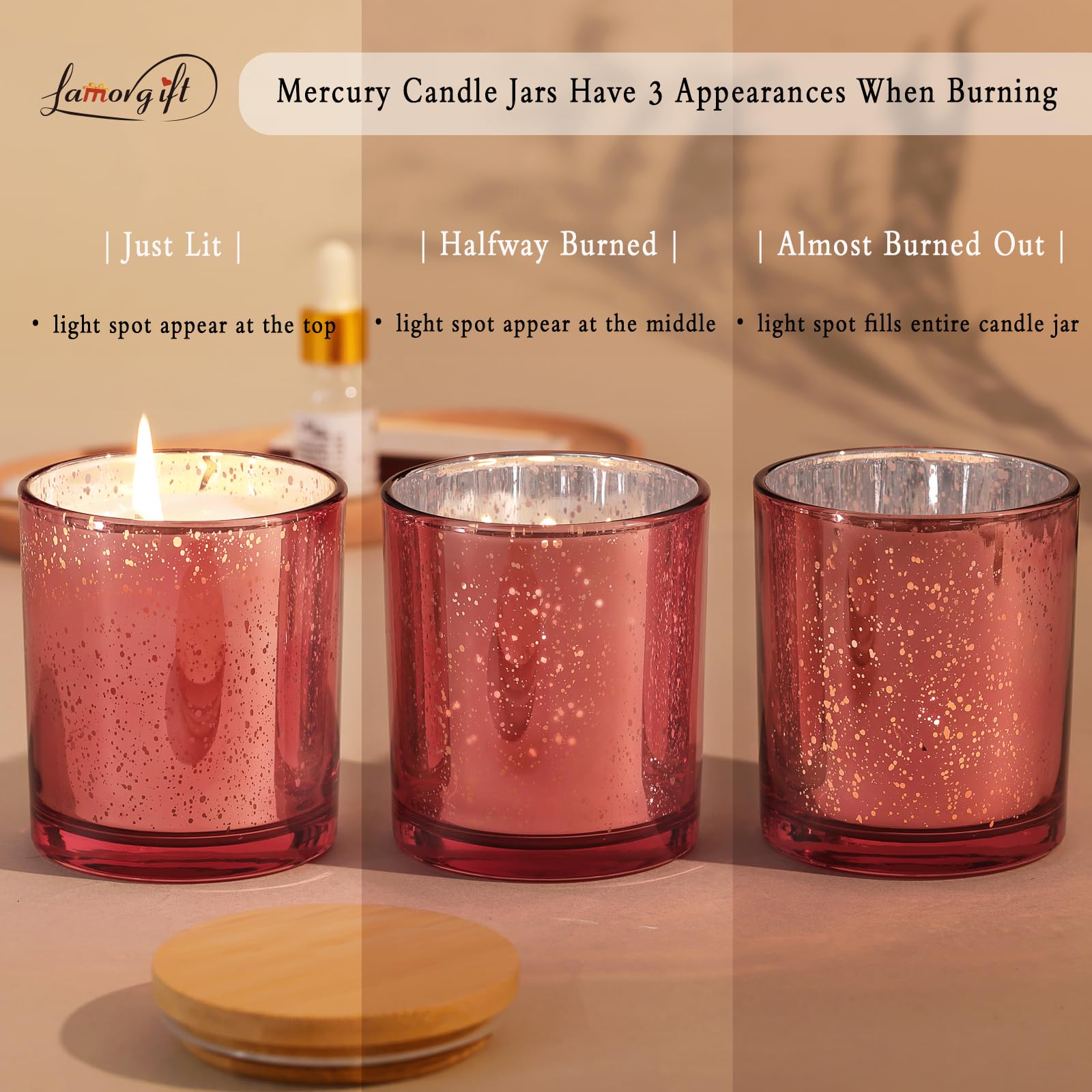 15 Pack 8oz Rose Gold Empty Candle Jars with Lids - Mercury Glass Containers for DIY Candle Making - Includes 20 Candle Labels - Perfect for Home Decor, Wedding Favors & Gift Packaging