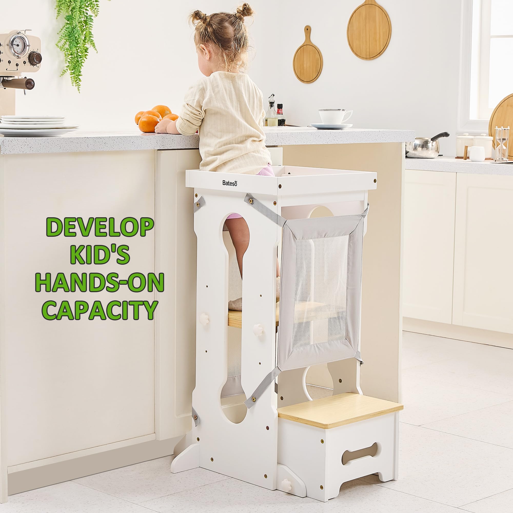 Bateso Adjustable Wooden Toddler Step Stool - Kitchen Helper Tower with 2 Removable Safety Nets & Non-Slip Mats - 4 Height Levels for Kids Ages 1-6 - Perfect for Cooking, Bathroom Sink, and Countertop Access