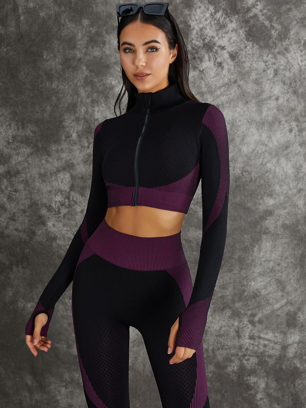 ZASUWA Women's 3-Piece Long Sleeve Zipper Workout Set - Gym, Yoga & Running Activewear for Women