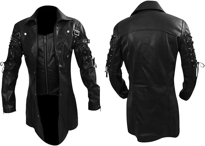 Men's Real Black Leather Gothic Trench Coat - Steampunk Matrix Style Jacket for Goth Fashion & Cosplay | Perfect for Halloween, LARP, and Dark Aesthetic Outfits