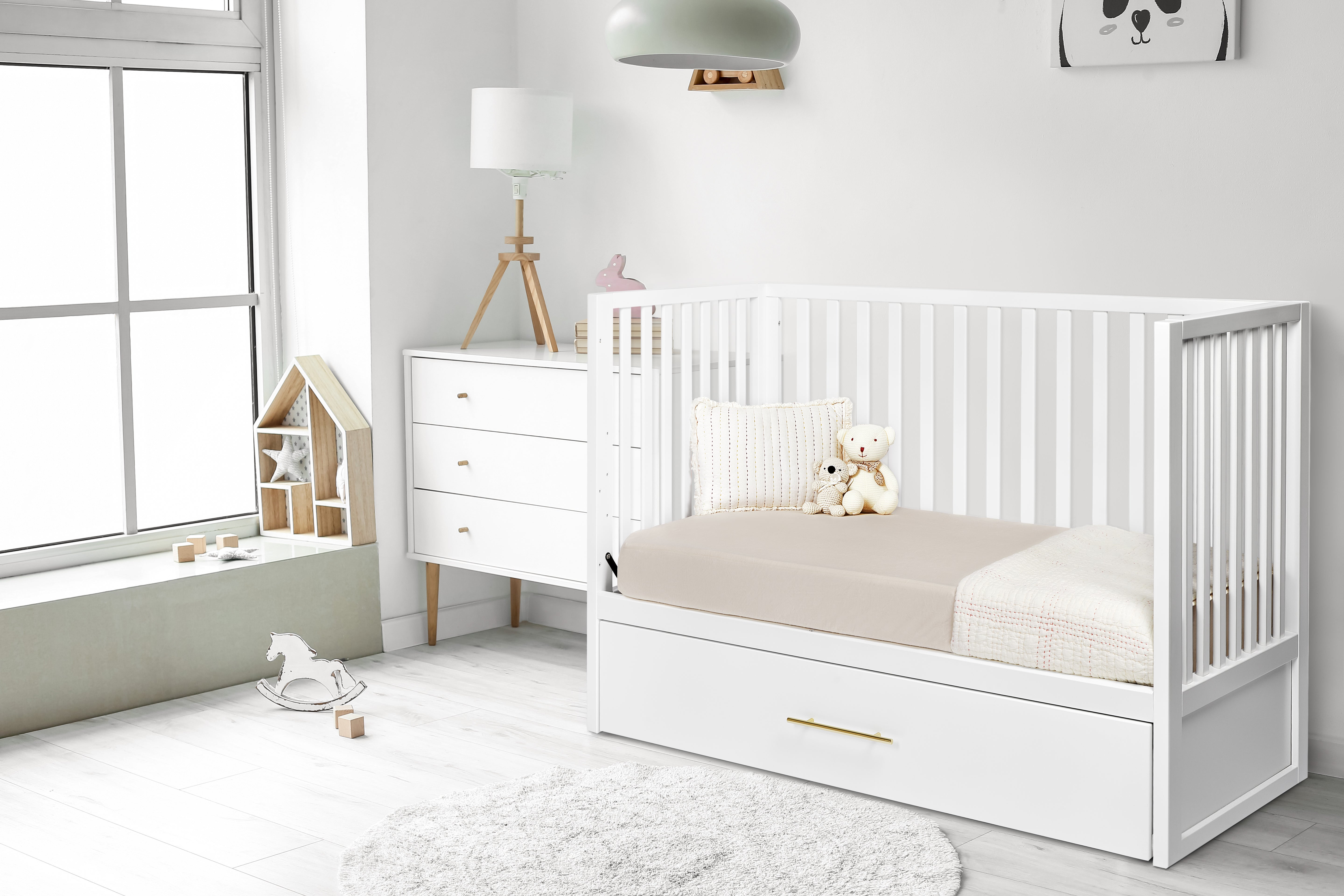 HushCrib 3-in-1 Convertible Baby Crib with Trundle - White Nursery Furniture for Newborns, Toddlers & Kids - Perfect for Small Spaces & Shared Bedrooms