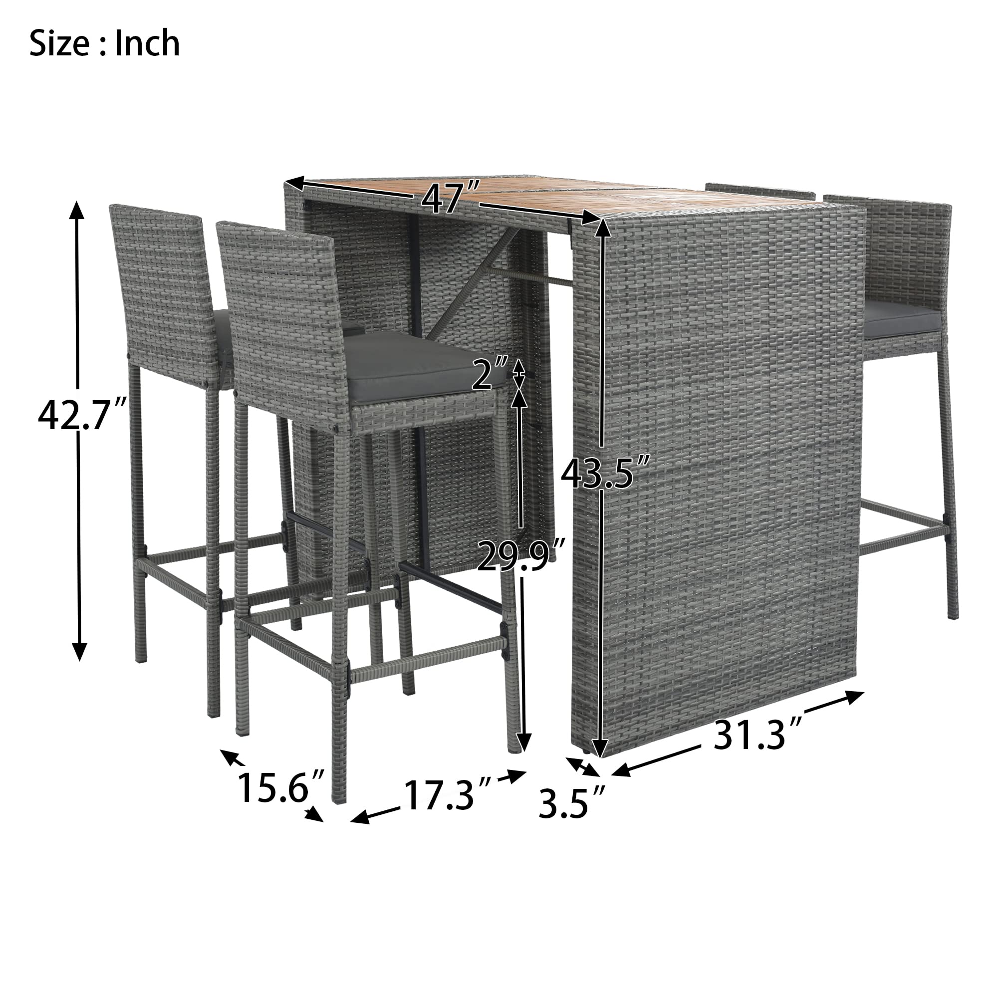 5-Piece Outdoor Patio Rattan Counter Height Dining Set - All-Weather Wicker Bar Table & Chairs with Acacia Wood Table Top & Removable Cushions - Perfect for Backyard, Garden, Poolside & Restaurant Outdoor Seating