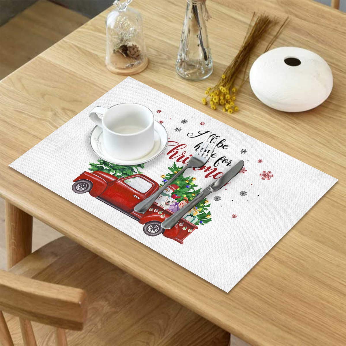 Vintage Red Car & Snowflakes Christmas Placemats Set of 4 - Heat Resistant Washable Burlap Table Mats for Dining, Round, Patio & Outdoor Tables | Perfect for Holiday Decor, Family Gatherings & Festive Dining